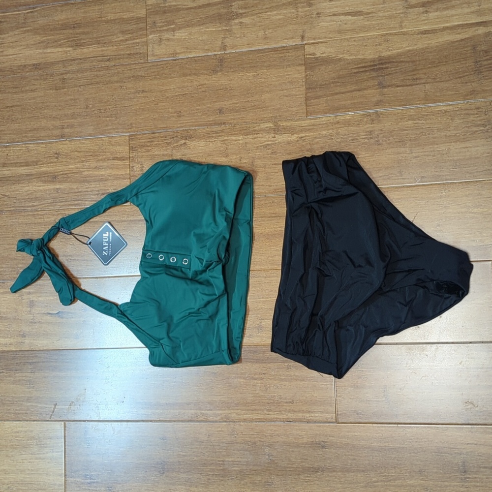 Zaful 2 Piece Green/Black High Waist Knotted Top Swimsuit NWT